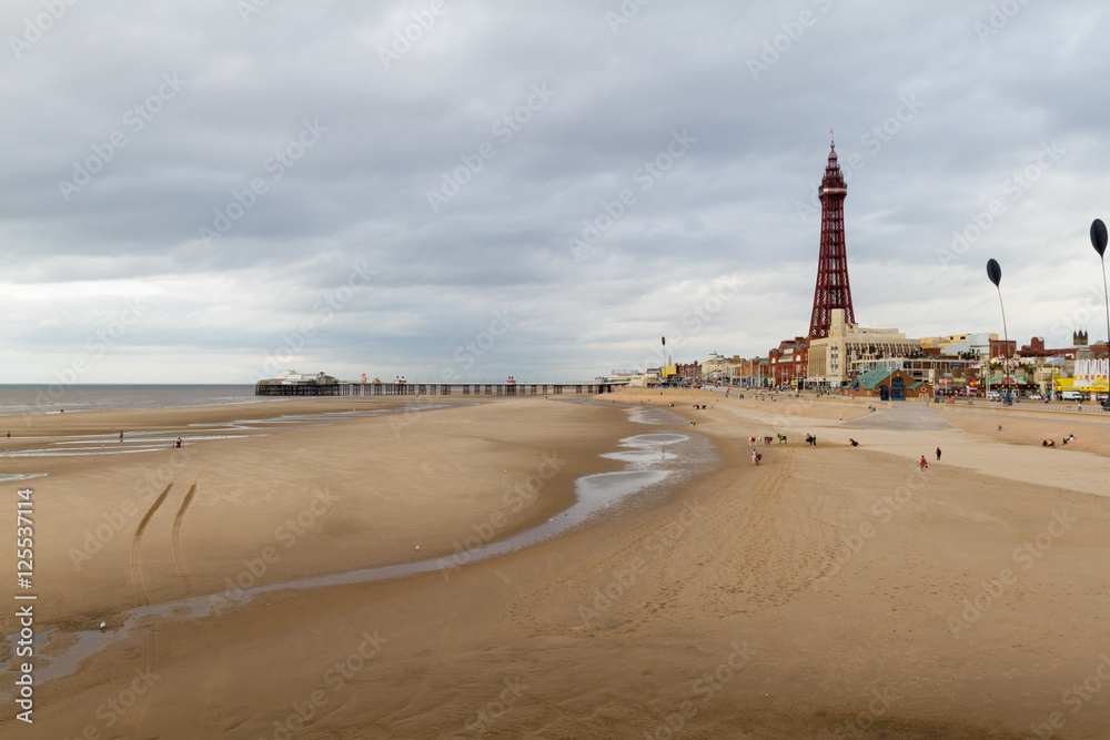 Blackpool beachfront view to the Blackpool Tower and North Pier