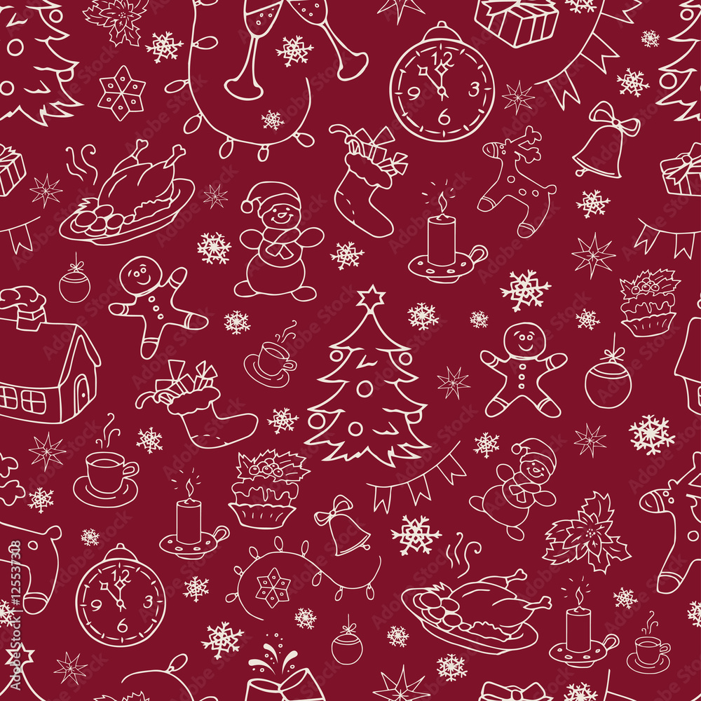 Seamless doodle backgrounds, Christmas, New Year, winter holidays pattern. Decorative elements in vintage style.

