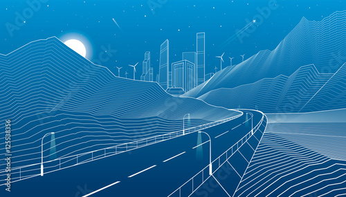 Highway in mountains, night scene, neon city and business buildings on background, white lines landscape, vector design art