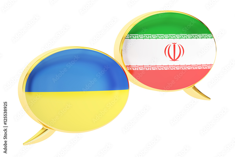 Speech bubbles, Ukrainian-Iranian translation concept. 3D render Speech bubbles, Ukrainian-Iranian translation concept. 3D render