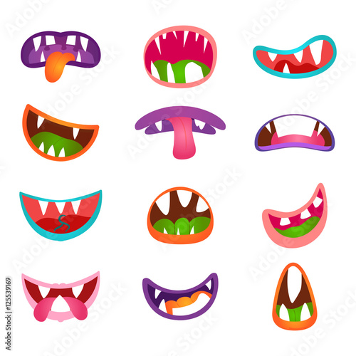 Cute animal face expressions and emotions. Funny cartoon monster comic mouth set