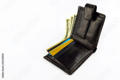 open wallet with dollars, gold card isolated.
