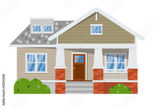 Exterior of family home isolated on white background. Vacation house. Real estate design element. Facade apartment, cottage. New suburban two stories house in flat design