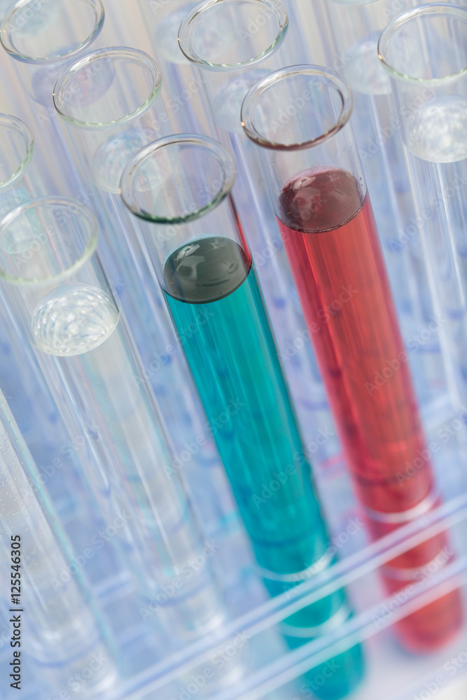 laboratory test tubes with a red and blue liquid sample laboratory test tubes with a red and blue liquid sample