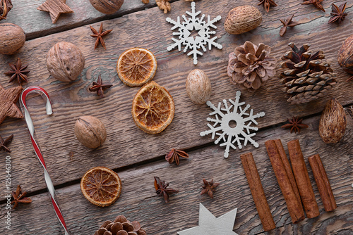 Christmas composition of natural decor on wooden background