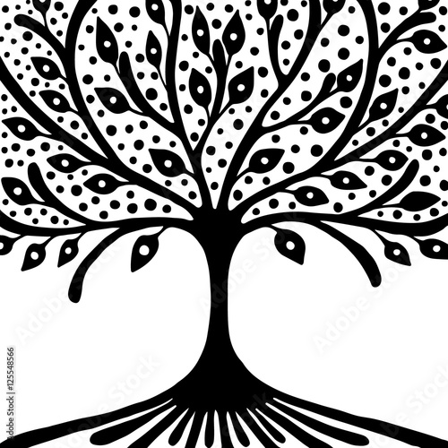 Vector hand drawn illustration, decorative ornamental stylized tree. Black and white graphic illustration isolated on the white background. Inc drawing silhouette. Decorative artistic ornamental wood