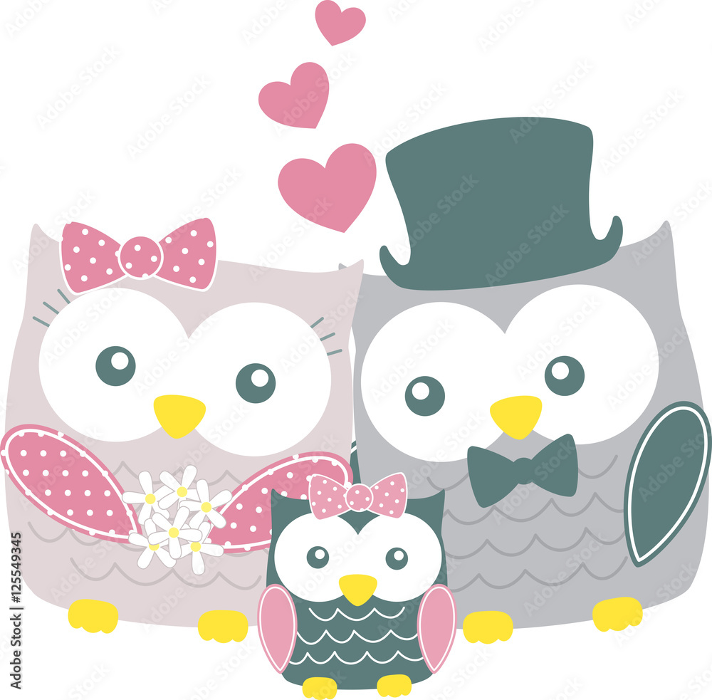 cute owls couple with daughter islated on whit backgrond cute owls couple with daughter islated on whit backgrond