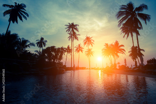 Magical sunset on a tropical beach with silhouettes of palm trees.