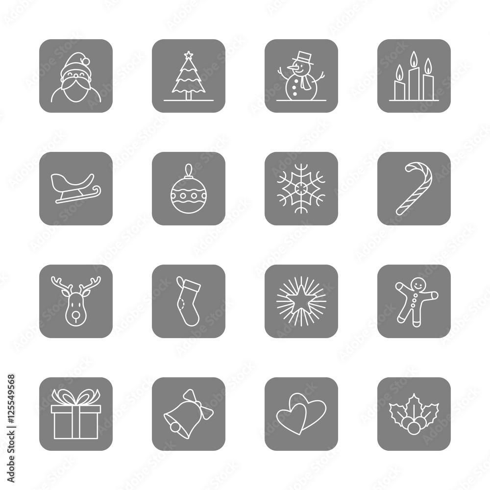 Christmas and new year icon set vector illustration - outline on gray rounded rectangle Christmas and new year icon set vector illustration - outline on gray rounded rectangle