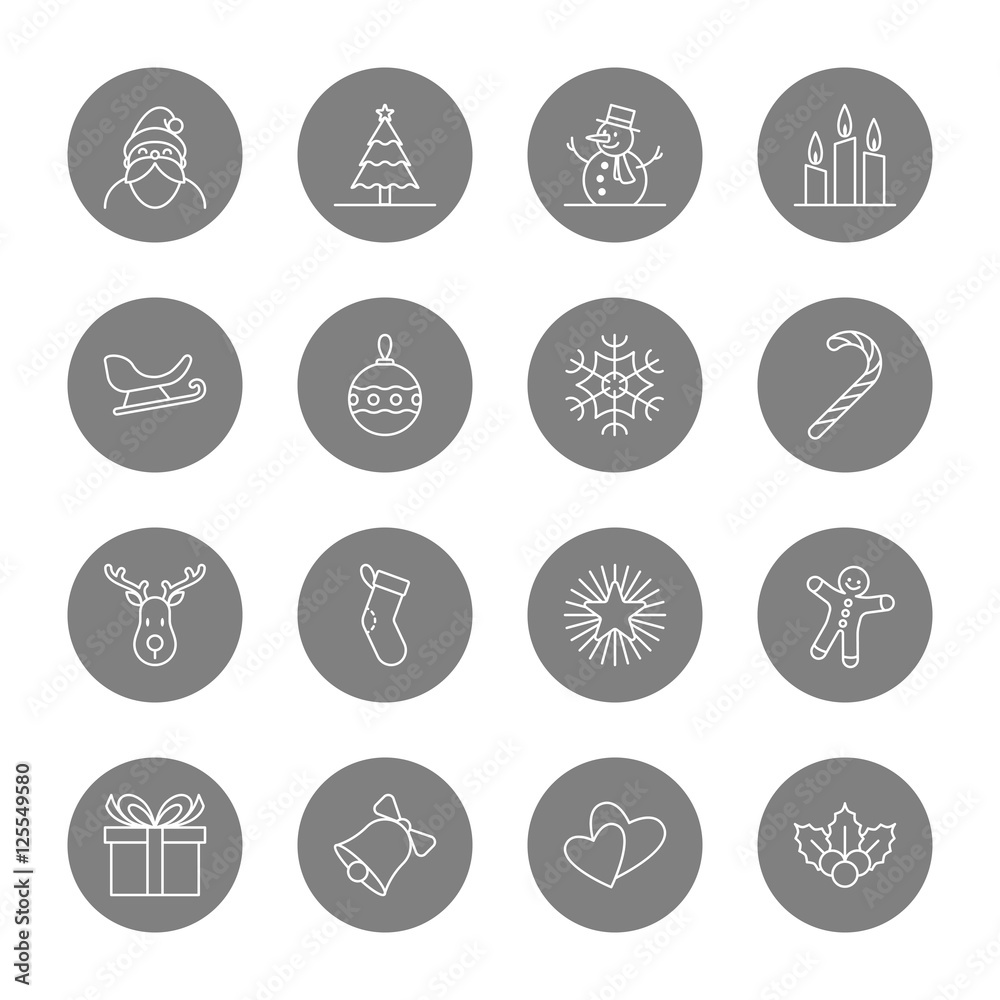 Christmas and new year icon set vector illustration - outline on gray circle