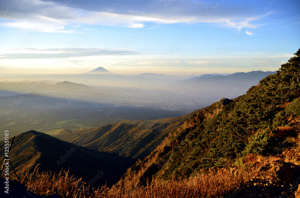 朝陽に映える赤岳から富士山の展望
