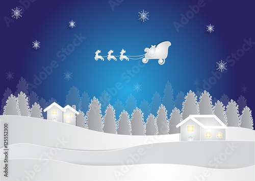 winter season at night background with house and snow in forest on blue background, christmas background, vector, copy space for text, illustration, paper cut and origami style