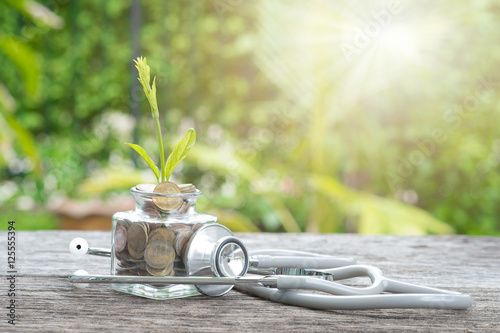 Obraz na plátně Stethoscope on bottle, coin and plant on wooden background. Conc