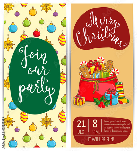 Invitation on Christmas party with date and time. Large Santasack with gifts, sweets, sock, holly, toys cartoon vector. Merry Christmas and happy New Year greetings. Xmas holiday fun celebrating