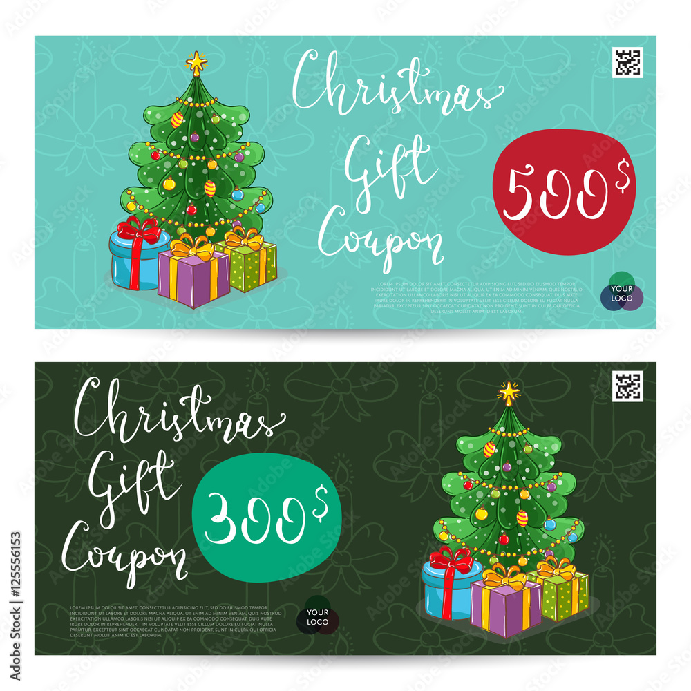 Christmas gift voucher template. Gift coupon with Xmas attributes and