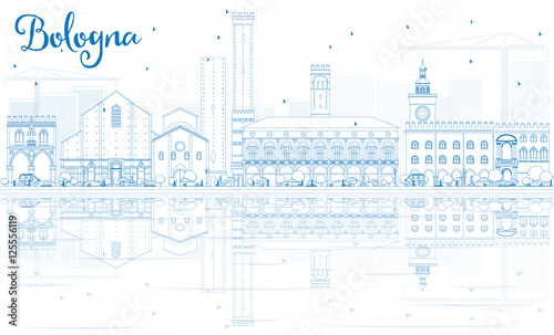 Outline Bologna Skyline with Blue Landmarks and Reflections.