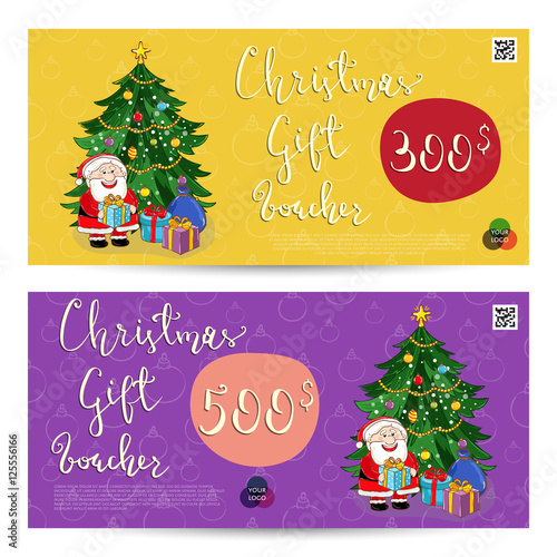 Christmas gift voucher template. Gift coupon with Xmas attributes and prepaid sum. Santa, gifts, christmas tree, gingerbread cookie cartoon vectors. Merry Christmas and Happy New Year greeting card © studioworkstock