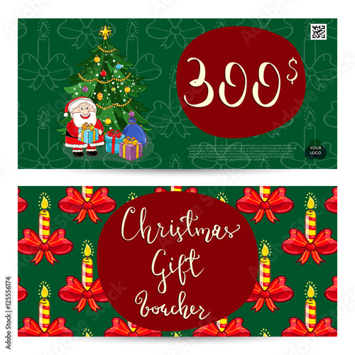 Christmas gift voucher template. Gift coupon with Xmas attributes and prepaid sum. Santa, gifts, christmas tree, gingerbread cookie cartoon vectors. Merry Christmas and Happy New Year greeting card