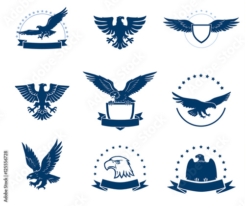 Set of eagles silhouettes with shields