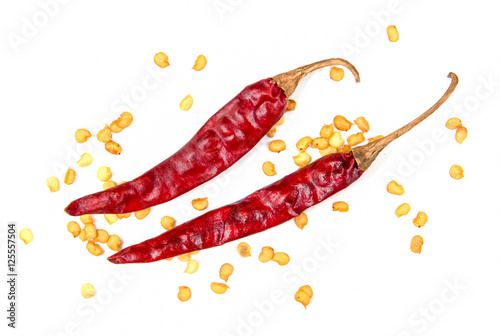 Dried chili peppers with seed on white background.Dry chilli iso