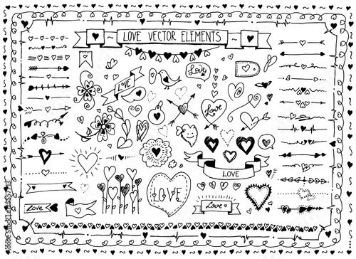 Big set of doodle sketch hand drawn heart elements. Vector set of design love elements on the white background. Valentine's day greeting cards