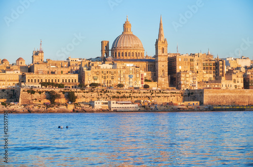 The evening view of Valletta skyline from Slima. Malta