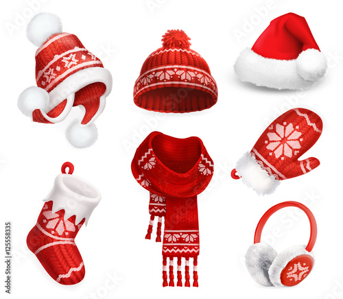 Winter clothes. Santa stocking cap. Knitted hat. Christmas sock. Scarf. Mitten. Earmuffs. 3d vector icon