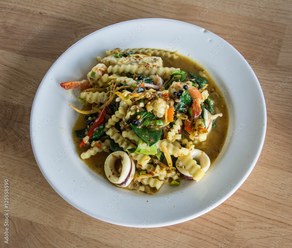 Spicy seafood stir fried, Thai spicy herb food