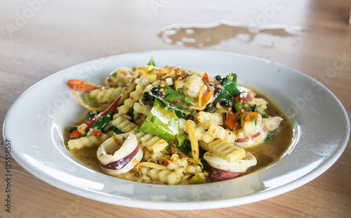 Spicy seafood stir fried, Thai spicy herb food