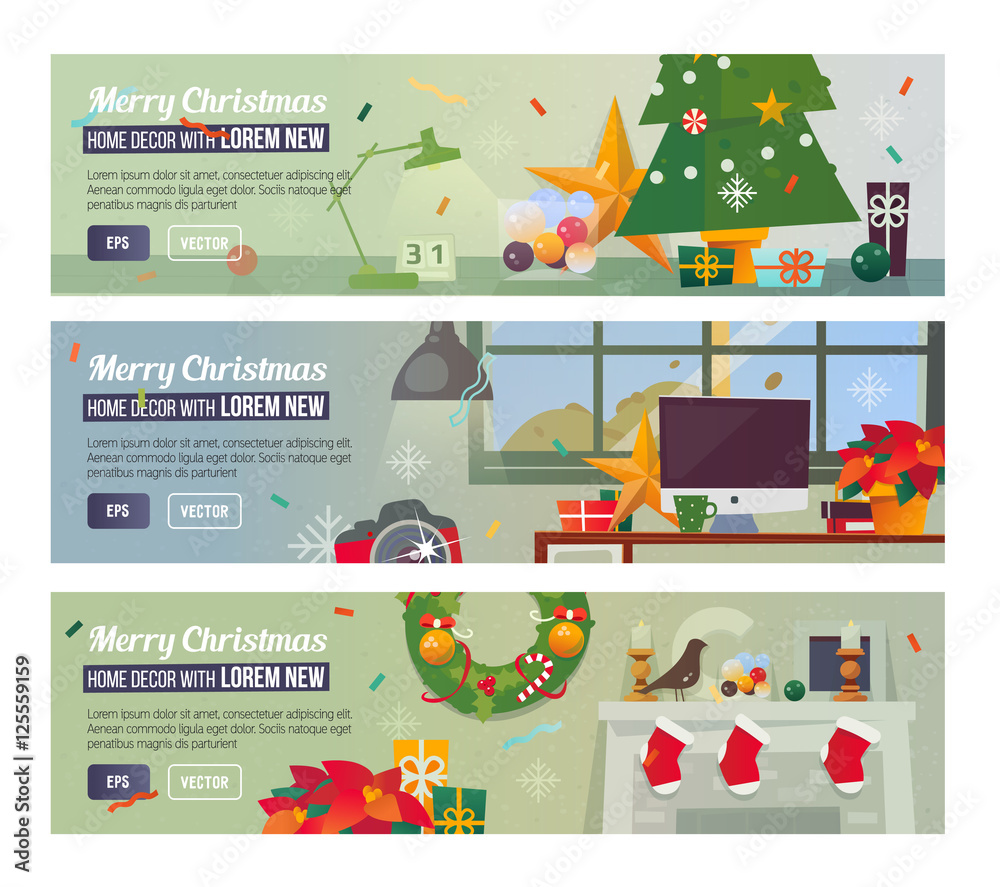 Vector Horizontal Banners with Merry Christmas and Happy New Year Interior. Vector Horizontal Banners with Merry Christmas and Happy New Year Interior.