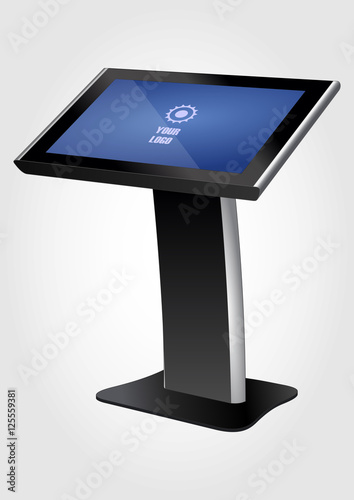 Promotional Interactive Information Kiosk Terminal Stand Touch Screen Display. Mock Up Template.