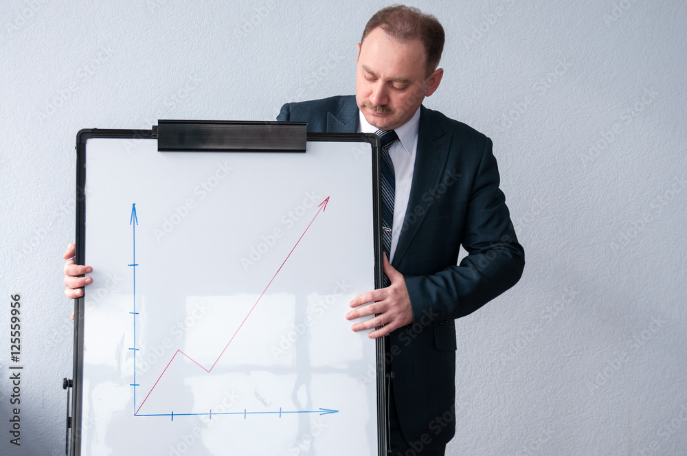 Businessman looking at a white board with the schedule Businessman looking at a white board with the schedule