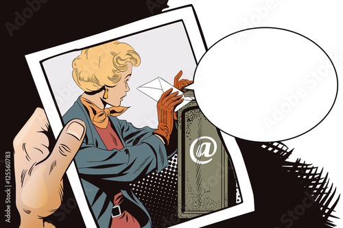People in retro style. Girl puts letter into mailbox.