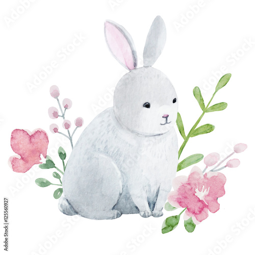 Watercolor rabbit with flowers