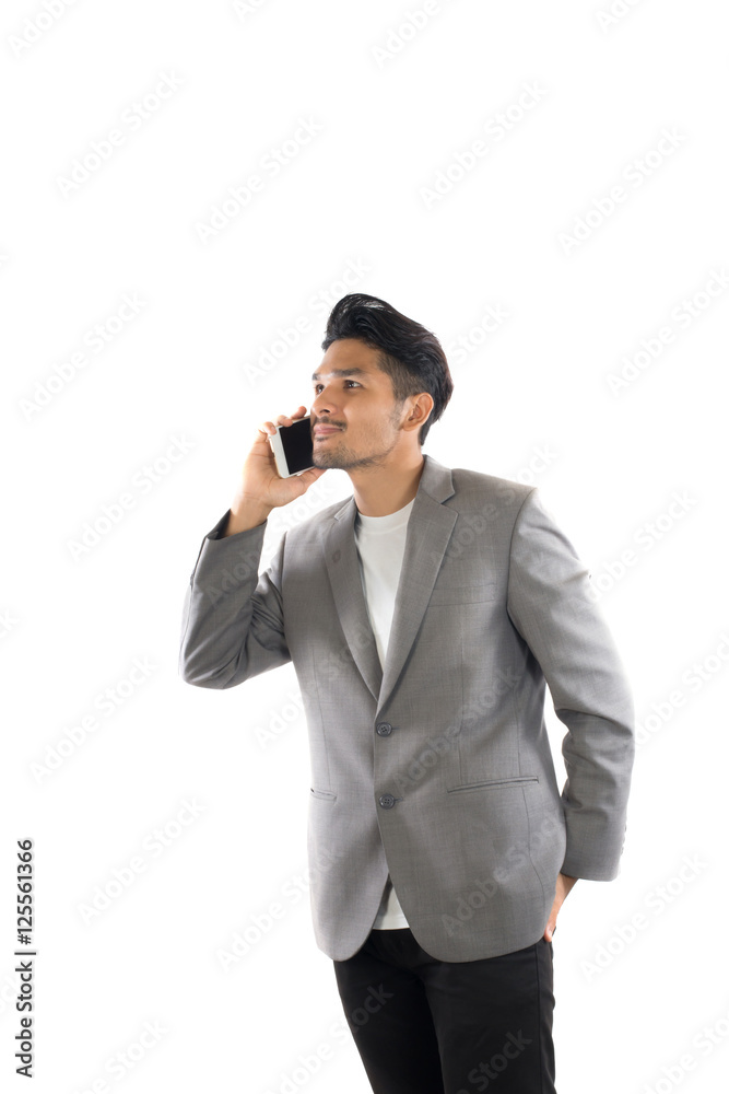 Businessman hipster holding coffee and talk on the phone isolate Businessman hipster holding coffee and talk on the phone isolate