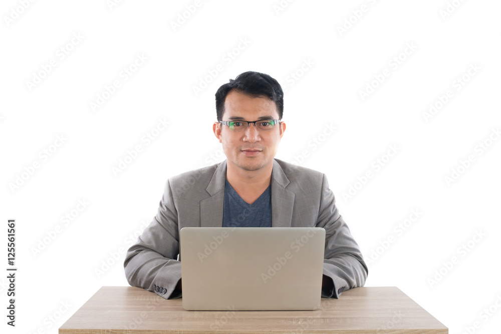 Portrait of  businessman with laptop isolated on white backgroun