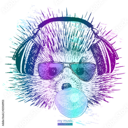 cute hedgehog with headphones inflates chewing bubble