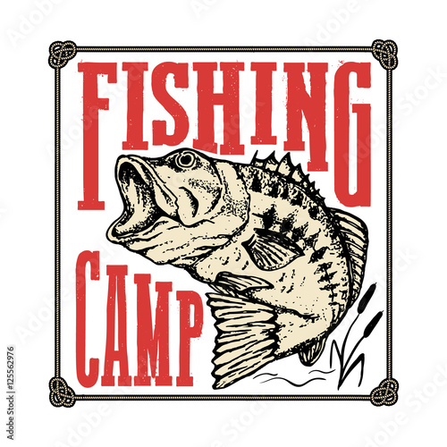 Fishing camp. Hand drawn bass fish illustration. Design elements