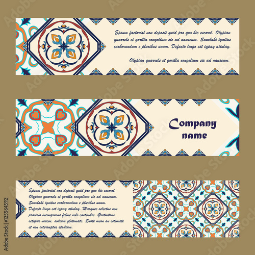 Vector set of colorful horisontal banners for business and invitation. Portuguese, Azulejo, Moroccan; Arabic; asian ornaments