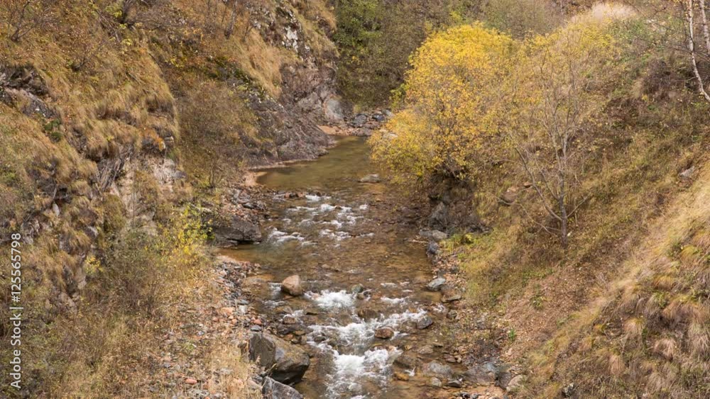 Russia, Kabardino-Balkaria late autumn. The first snow and yellow leaves on the banks of the river in the mountains of the Caucasus. Russia, Kabardino-Balkaria late autumn. The first snow and yellow leaves on the banks of the river in the mountains of the Caucasus.