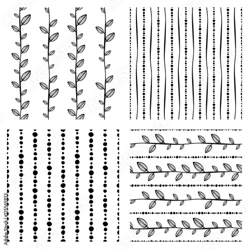 Set of seamless vector pattern. Black and white hand drawn endless background with ornamental decorative elements with ethnic, traditional motives. Series of Hand Drawn Ornamental Seamless Patterns