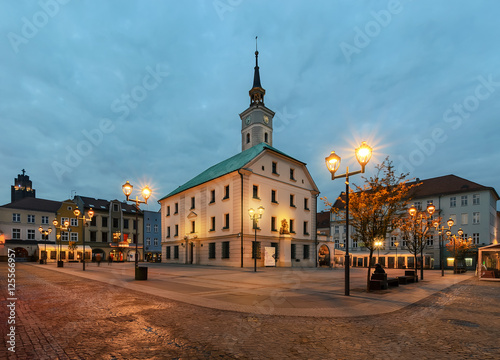 Market square in Gliwice with town hall in autumn.