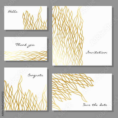 Set of artistic universal cards design templates business in gold, flyers, invitations, abstract flowers in doodle style