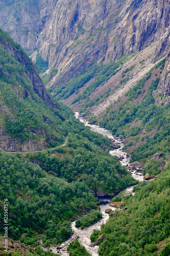 Closeup of the Bjoreio river running in the canyon at Voeringsfossen in Hardanger in Norway
