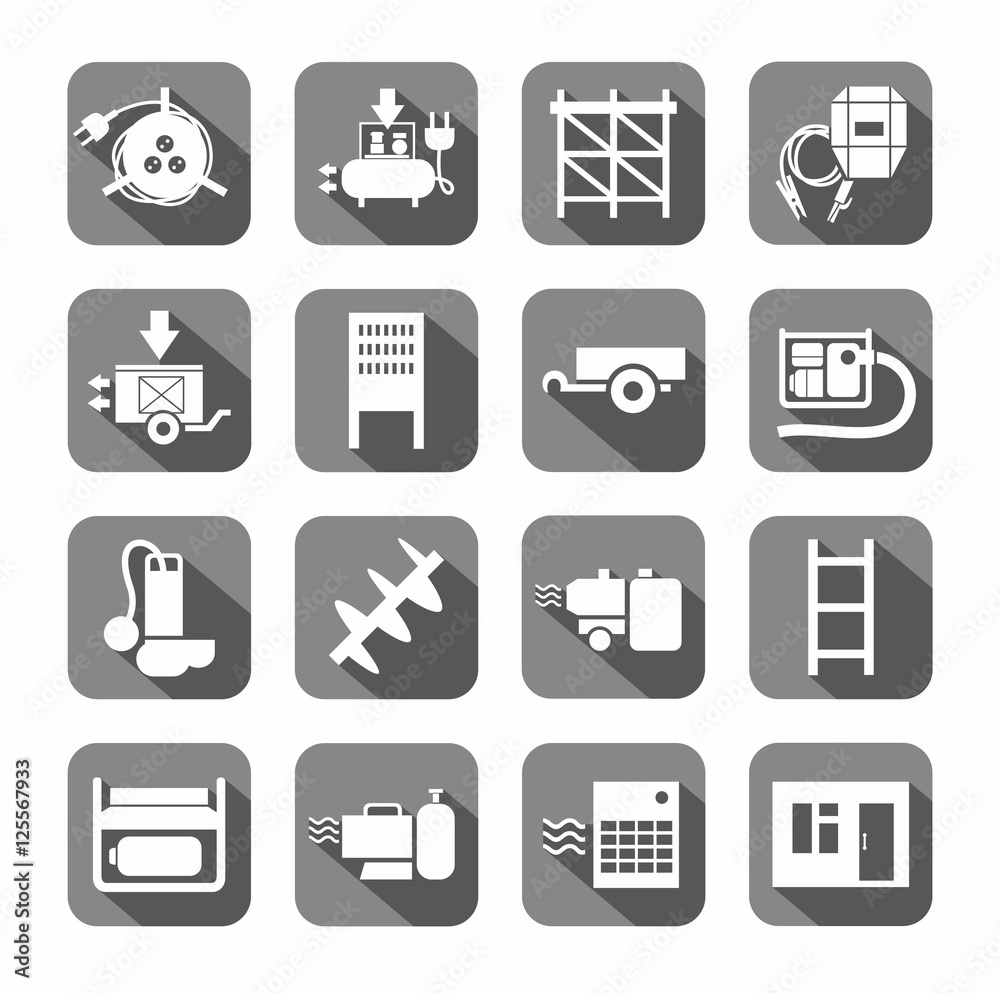 Electrical equipment and building inventory, the icons are flat, gray. White, vectors, electrical, gas and construction equipment on a gray background with shadow. 