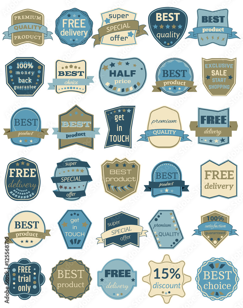 Set of Thirty Vector Badges with Ribbons. Web stickers and labels. Isolated vector illustration.
