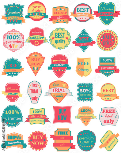 Set of Thirty Vector Badges with Ribbons. Web stickers and labels. Isolated vector illustration. 