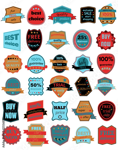 Set of Thirty Vector Badges with Ribbons. Web stickers and labels. Isolated vector illustration. 