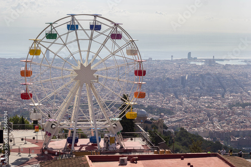 Ferris wheel in Tibidabo with panoramic view over Barcelona