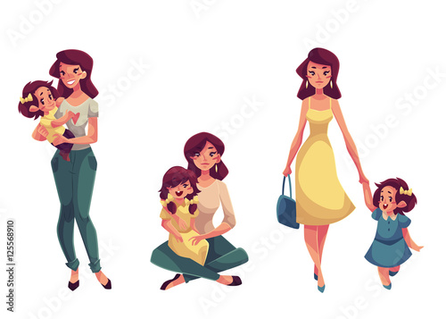 Mother and daughter, set of cartoon vector illustrations isolated on white background. Happy mother holding, cuddling, hugging, embracing her daughter. Pretty young woman with a little daughter